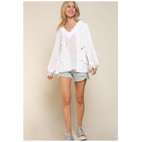 FLORAL Embroidery Woven V Neck Blouse in Ivory - Picture 7 of 11